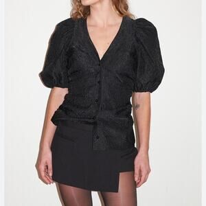 Ganni Jacquard Organza Gathered V-Neck Blouse 32/0 XS